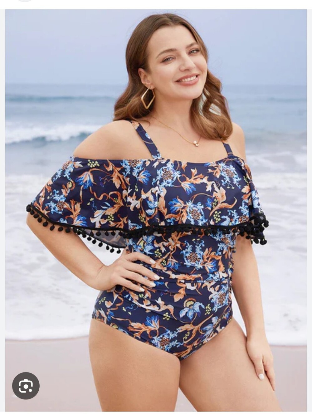 BloomChic Navy Floral Pompom Cold-Shoulder One-Piece